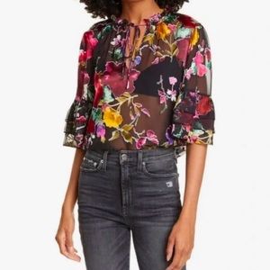 Alice + Olivia Tiered Sleeve Sheer Floral Blouse Size S